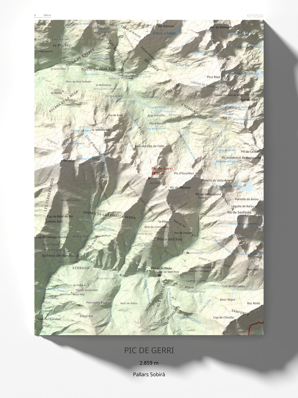 Mapa de relieve de Pic de Gerri, 2859 m, Pallars Sobirà, lámina 100 Cims de Trobart 30 × 40 cm.