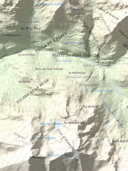 Mapa de relieve de Pic de Gerri, 2859 m, Pallars Sobirà, lámina 100 Cims de Trobart. Detalle de la zona superior izquierda. 30 × 40 cm.