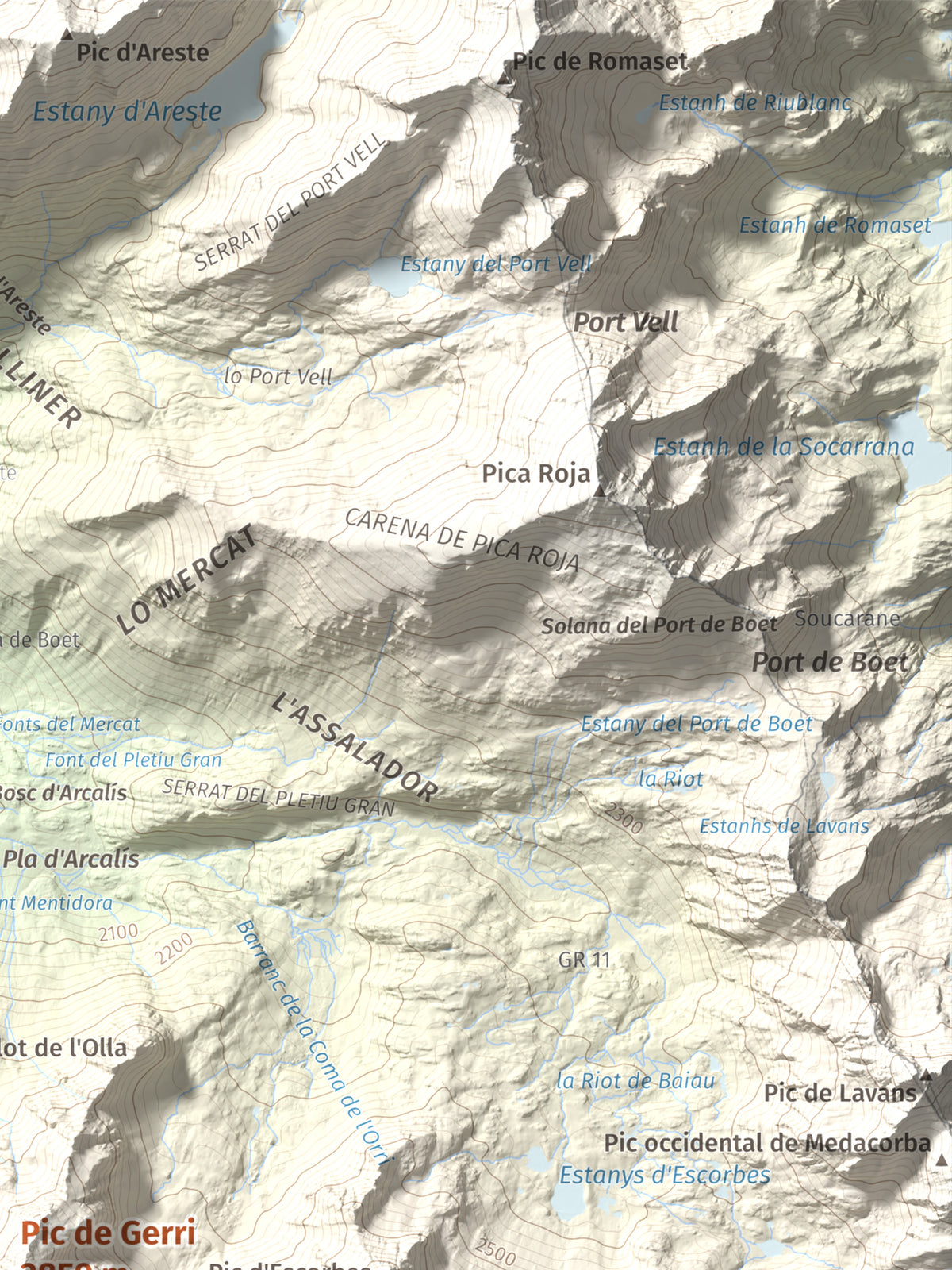 Mapa de relieve de Pic de Gerri, 2859 m, Pallars Sobirà, lámina 100 Cims de Trobart. Detalle de la zona superior derecha. 30 × 40 cm.