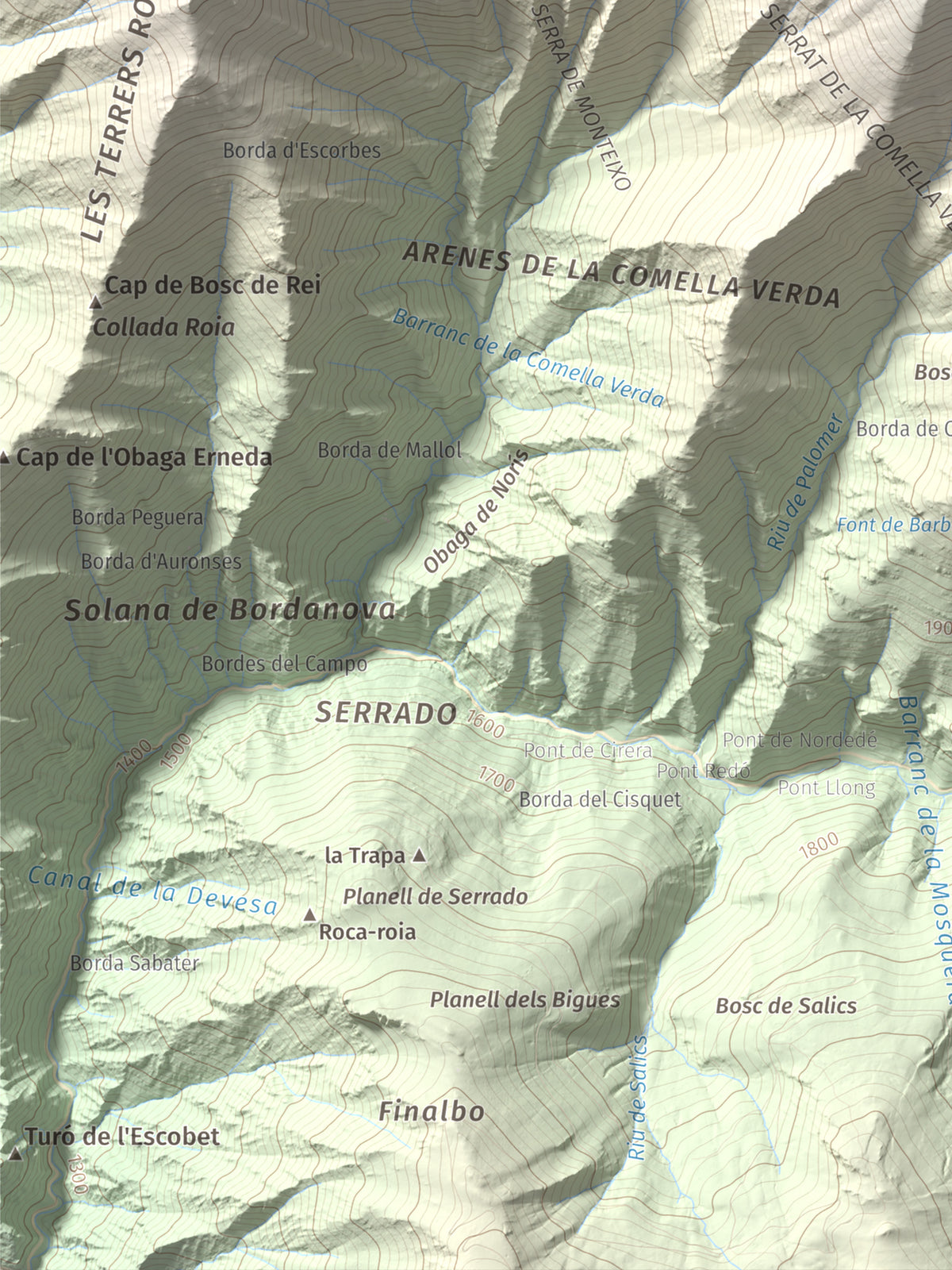 Mapa de relieve de Pic de Gerri, 2859 m, Pallars Sobirà, lámina 100 Cims de Trobart. Detalle de la zona inferior izquierda. 30 × 40 cm.