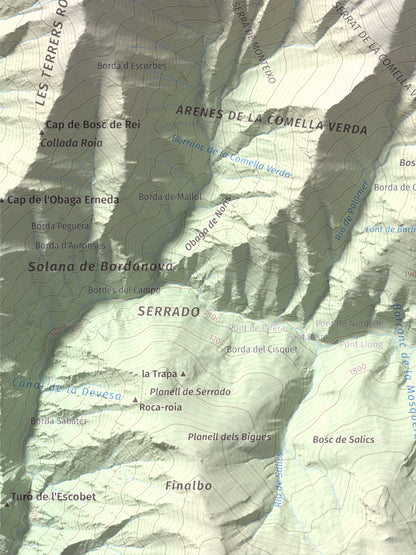 Mapa de relieve de Pic de Gerri, 2859 m, Pallars Sobirà, lámina 100 Cims de Trobart. Detalle de la zona inferior izquierda. 30 × 40 cm.
