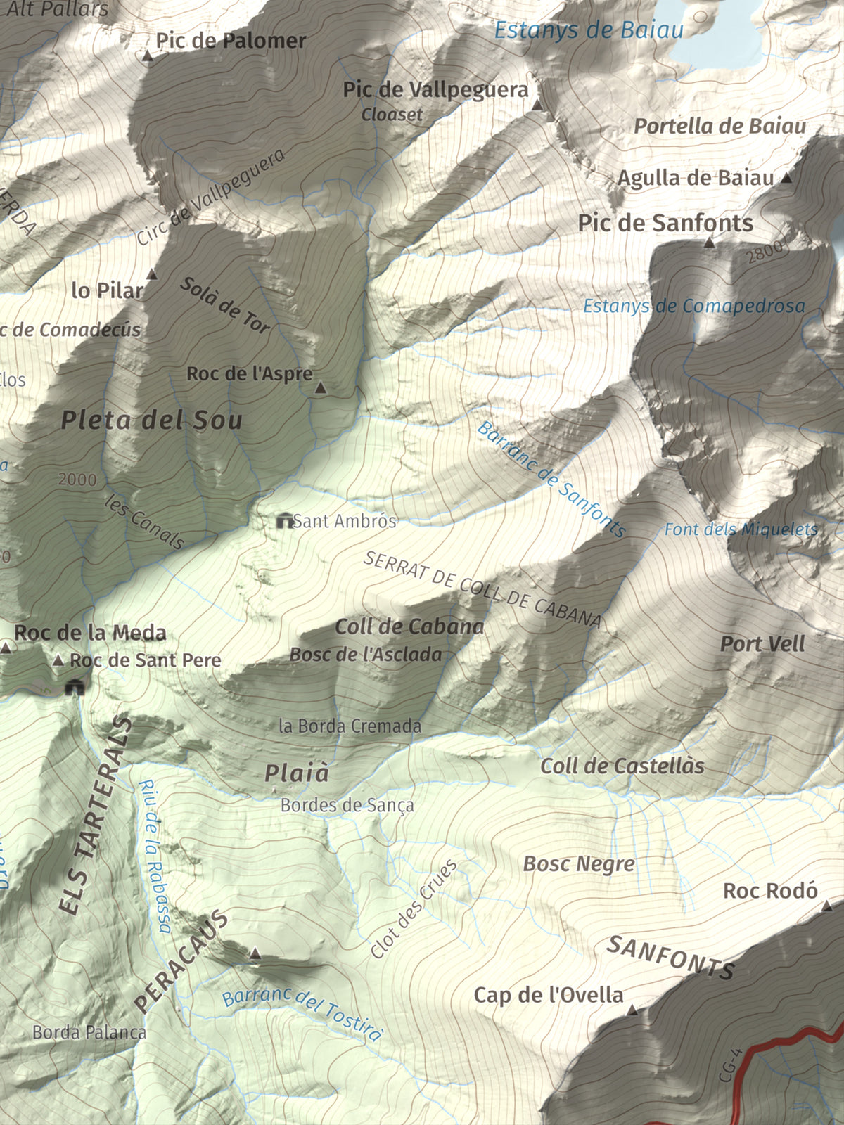 Mapa de relieve de Pic de Gerri, 2859 m, Pallars Sobirà, lámina 100 Cims de Trobart. Detalle de la zona inferior derecha. 30 × 40 cm.
