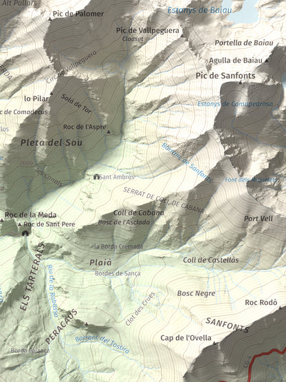 Mapa de relieve de Pic de Gerri, 2859 m, Pallars Sobirà, lámina 100 Cims de Trobart. Detalle de la zona inferior derecha. 30 × 40 cm.