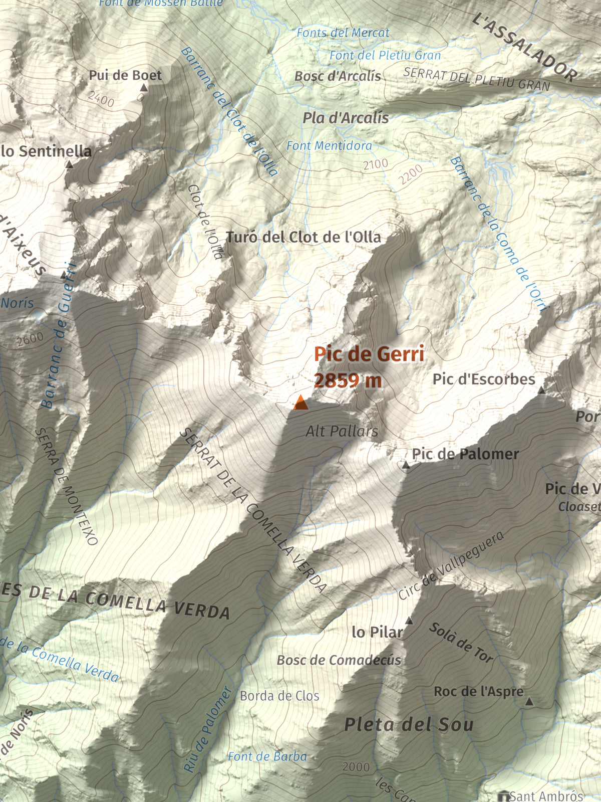 Mapa de relieve de Pic de Gerri, 2859 m, Pallars Sobirà, lámina 100 Cims de Trobart. Detalle de la zona central. 30 × 40 cm.