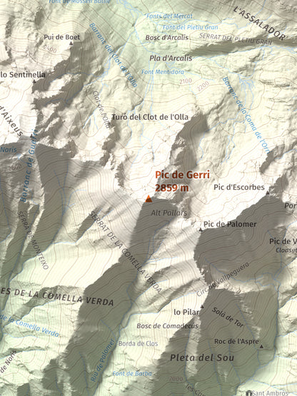 Mapa de relieve de Pic de Gerri, 2859 m, Pallars Sobirà, lámina 100 Cims de Trobart. Detalle de la zona central. 30 × 40 cm.