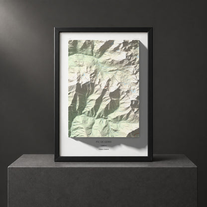 Mapa de relieve de Pic de Gerri, 2859 m, Pallars Sobirà, lámina 100 Cims de Trobart. Presentación enmarcada. 50 × 70 cm.