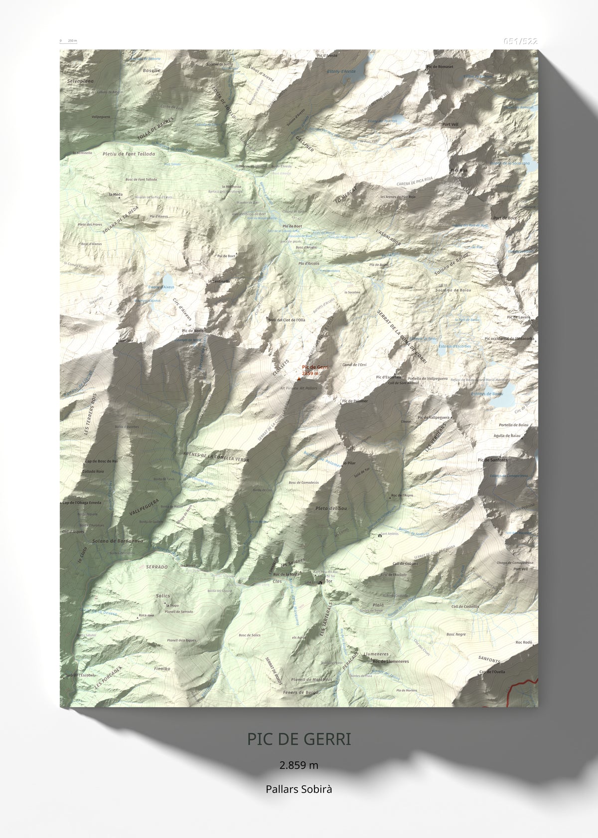 Mapa de relieve de Pic de Gerri, 2859 m, Pallars Sobirà, lámina 100 Cims de Trobart 50 × 70 cm.