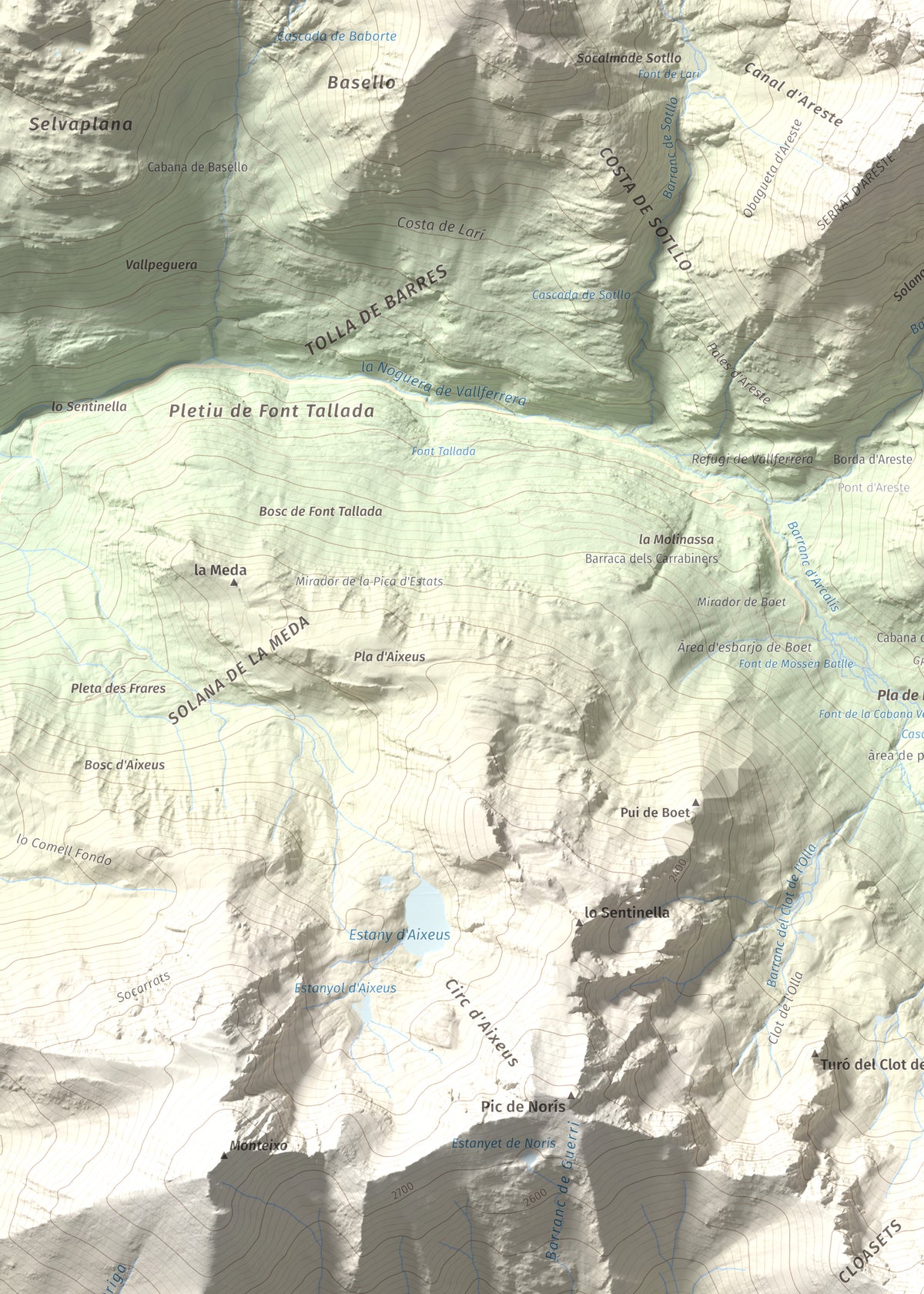 Mapa de relieve de Pic de Gerri, 2859 m, Pallars Sobirà, lámina 100 Cims de Trobart. Detalle de la zona superior izquierda. 50 × 70 cm.