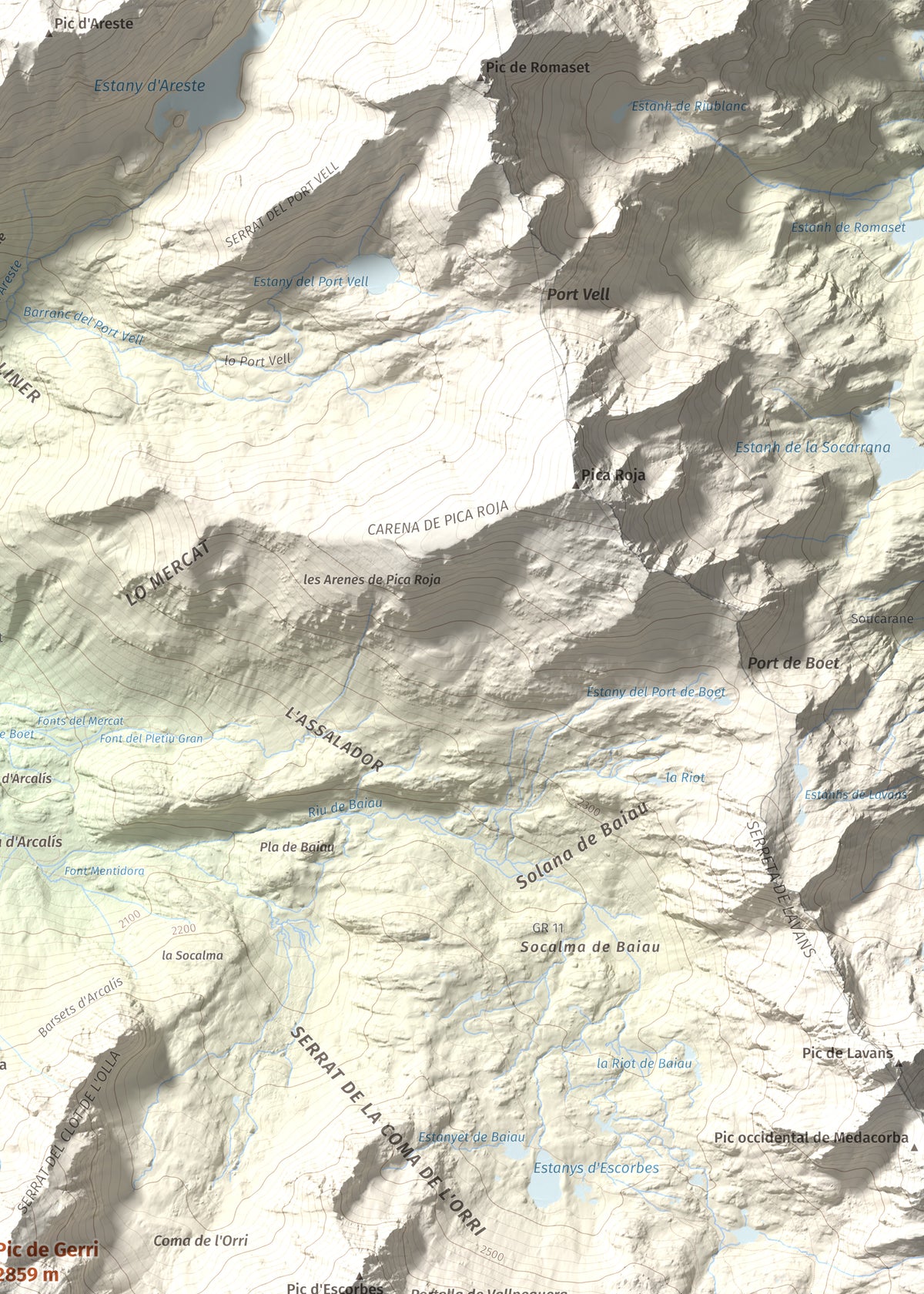 Mapa de relieve de Pic de Gerri, 2859 m, Pallars Sobirà, lámina 100 Cims de Trobart. Detalle de la zona superior derecha. 50 × 70 cm.