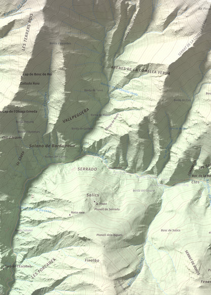 Mapa de relieve de Pic de Gerri, 2859 m, Pallars Sobirà, lámina 100 Cims de Trobart. Detalle de la zona inferior izquierda. 50 × 70 cm.