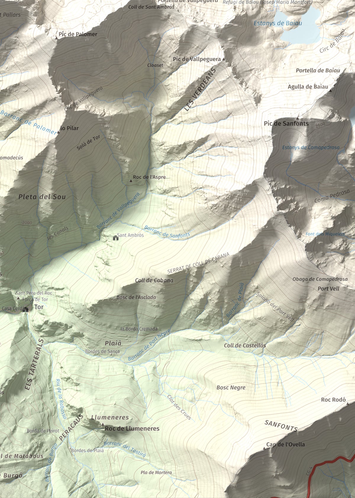 Mapa de relieve de Pic de Gerri, 2859 m, Pallars Sobirà, lámina 100 Cims de Trobart. Detalle de la zona inferior derecha. 50 × 70 cm.