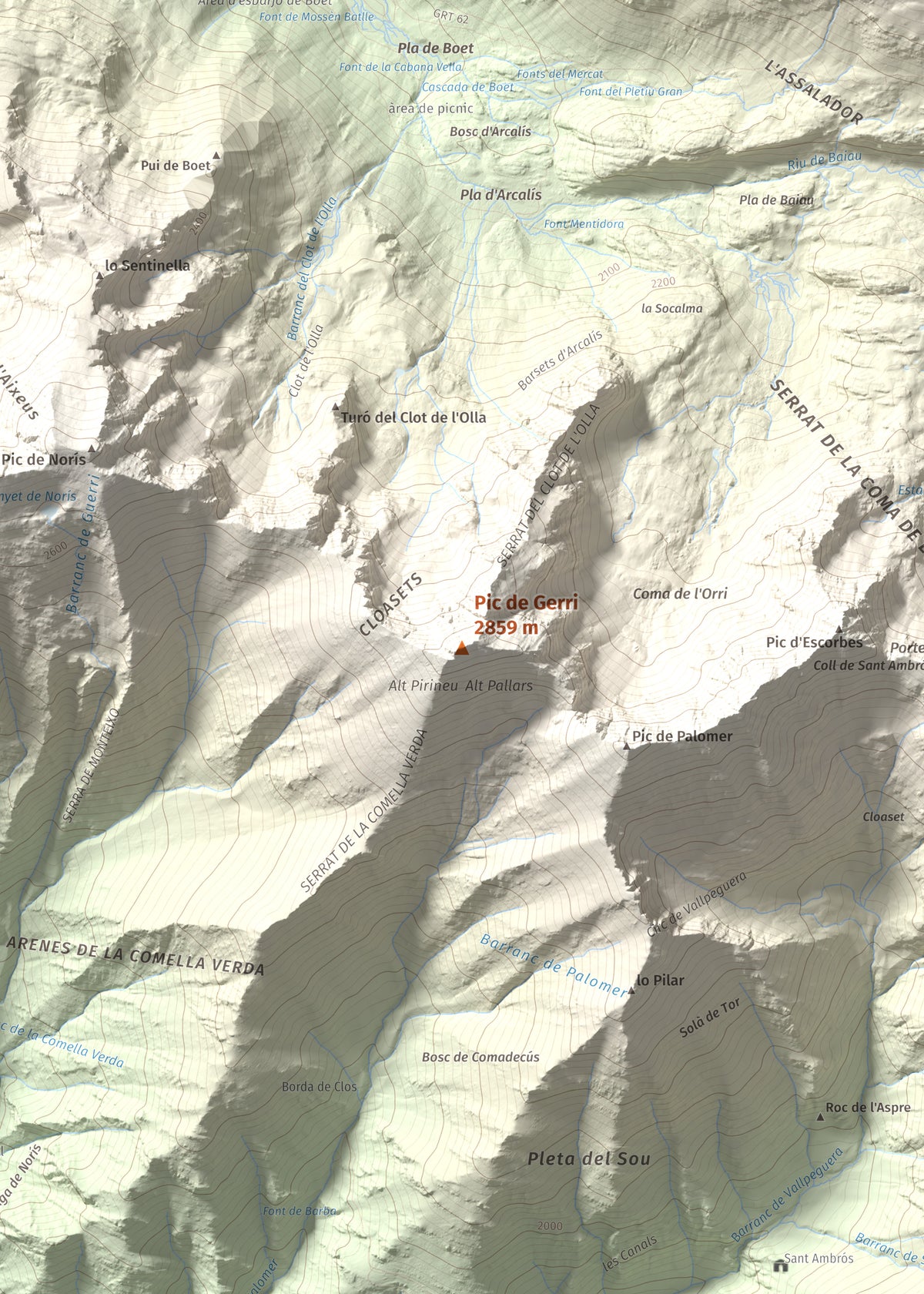 Mapa de relieve de Pic de Gerri, 2859 m, Pallars Sobirà, lámina 100 Cims de Trobart. Detalle de la zona central. 50 × 70 cm.