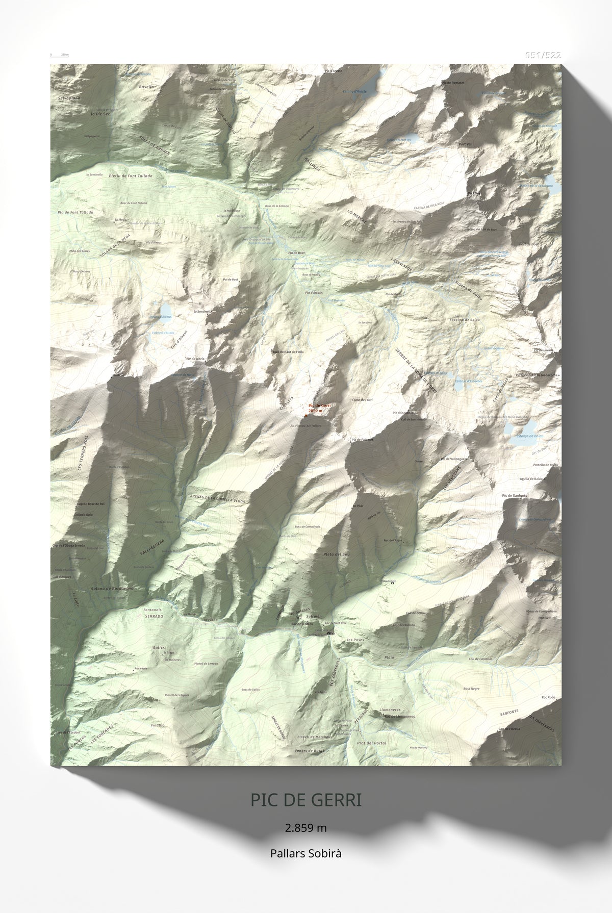 Mapa de relieve de Pic de Gerri, 2859 m, Pallars Sobirà, lámina 100 Cims de Trobart 61 × 91 cm.
