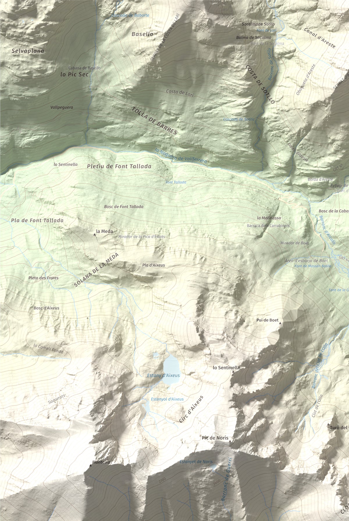Mapa de relieve de Pic de Gerri, 2859 m, Pallars Sobirà, lámina 100 Cims de Trobart. Detalle de la zona superior izquierda. 61 × 91 cm.
