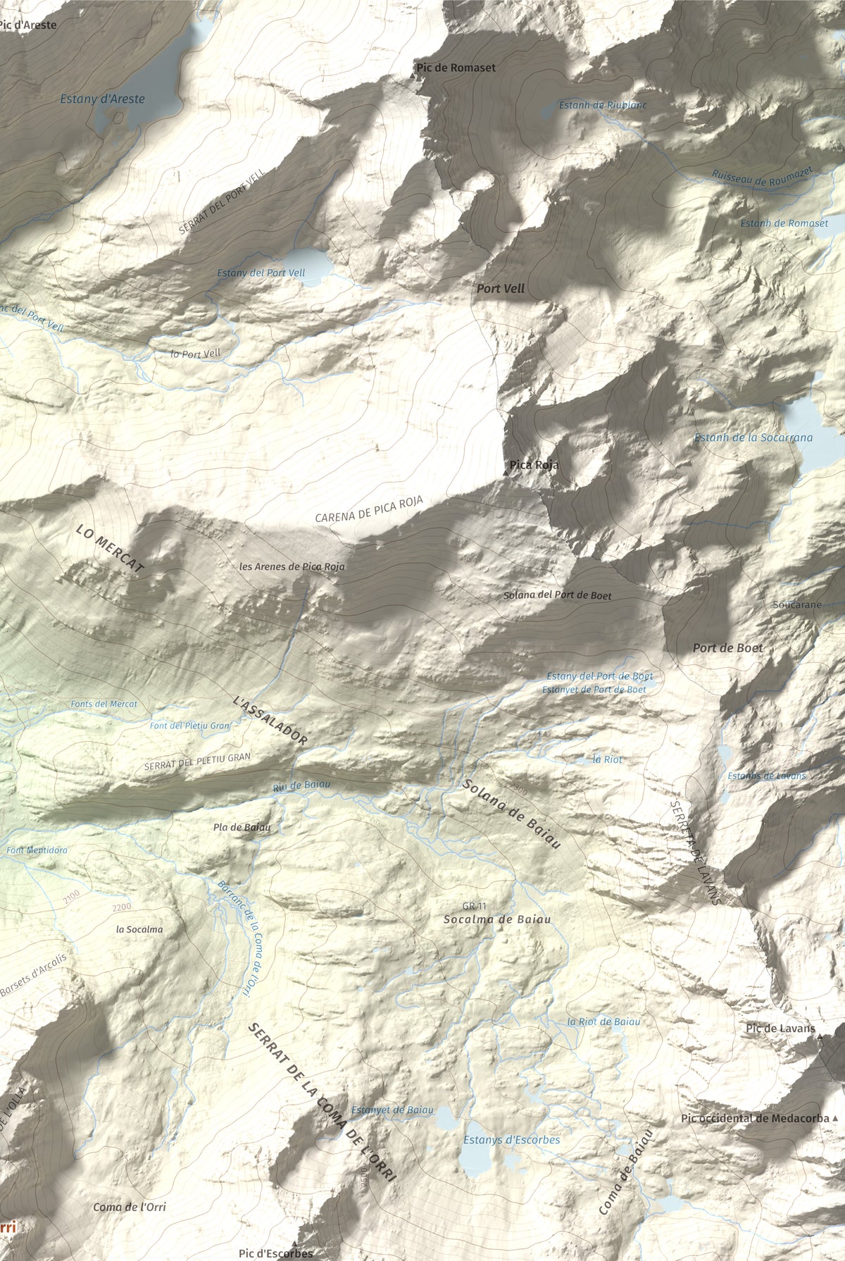 Mapa de relieve de Pic de Gerri, 2859 m, Pallars Sobirà, lámina 100 Cims de Trobart. Detalle de la zona superior derecha. 61 × 91 cm.