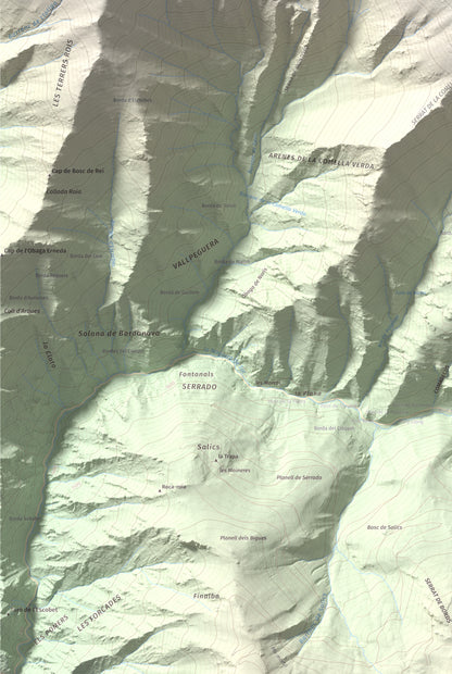Mapa de relieve de Pic de Gerri, 2859 m, Pallars Sobirà, lámina 100 Cims de Trobart. Detalle de la zona inferior izquierda. 61 × 91 cm.