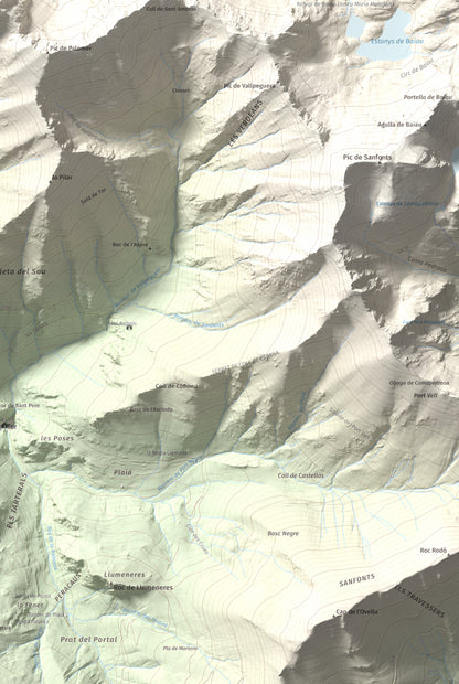 Mapa de relieve de Pic de Gerri, 2859 m, Pallars Sobirà, lámina 100 Cims de Trobart. Detalle de la zona inferior derecha. 61 × 91 cm.