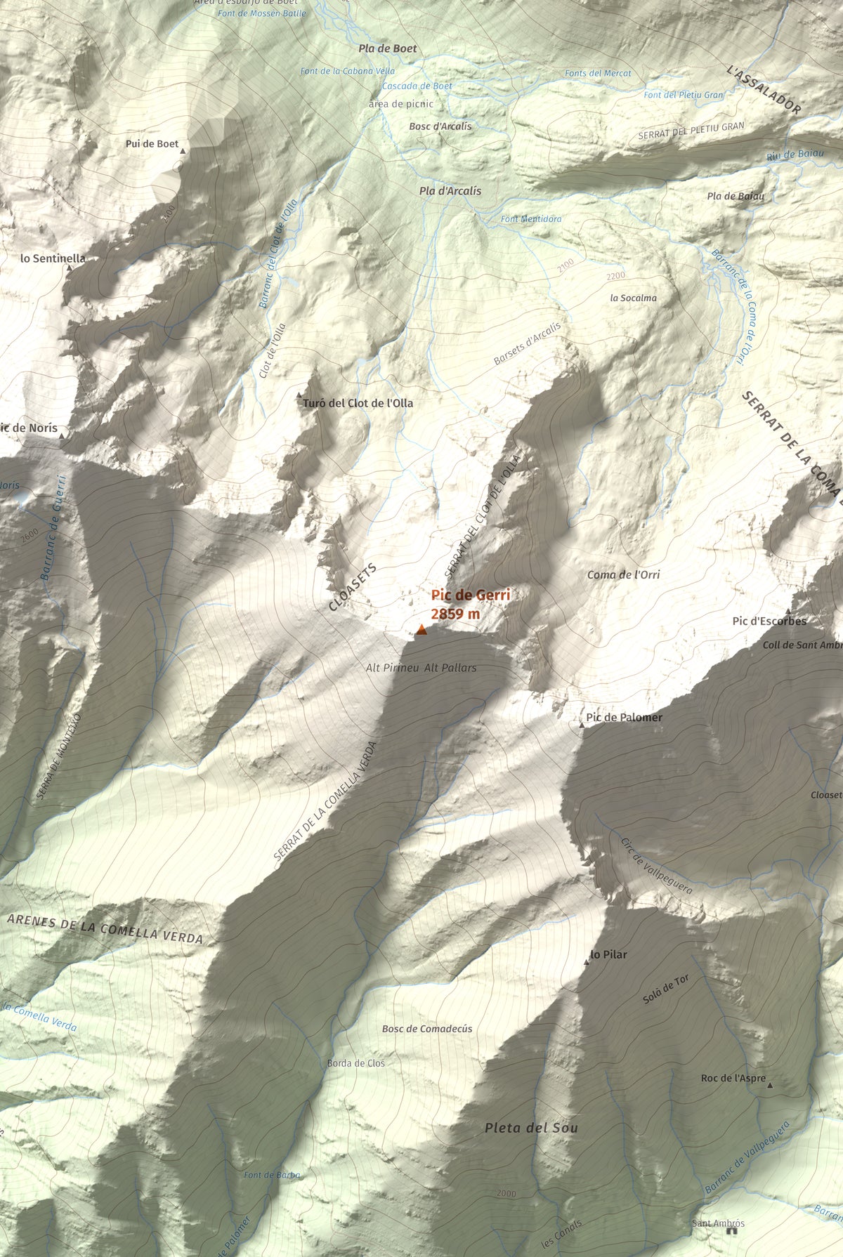 Mapa de relieve de Pic de Gerri, 2859 m, Pallars Sobirà, lámina 100 Cims de Trobart. Detalle de la zona central. 61 × 91 cm.