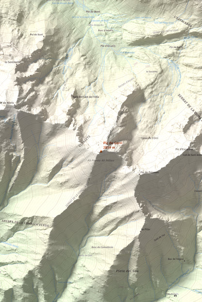 Mapa de relieve de Pic de Gerri, 2859 m, Pallars Sobirà, lámina 100 Cims de Trobart. Detalle de la zona central. 61 × 91 cm.