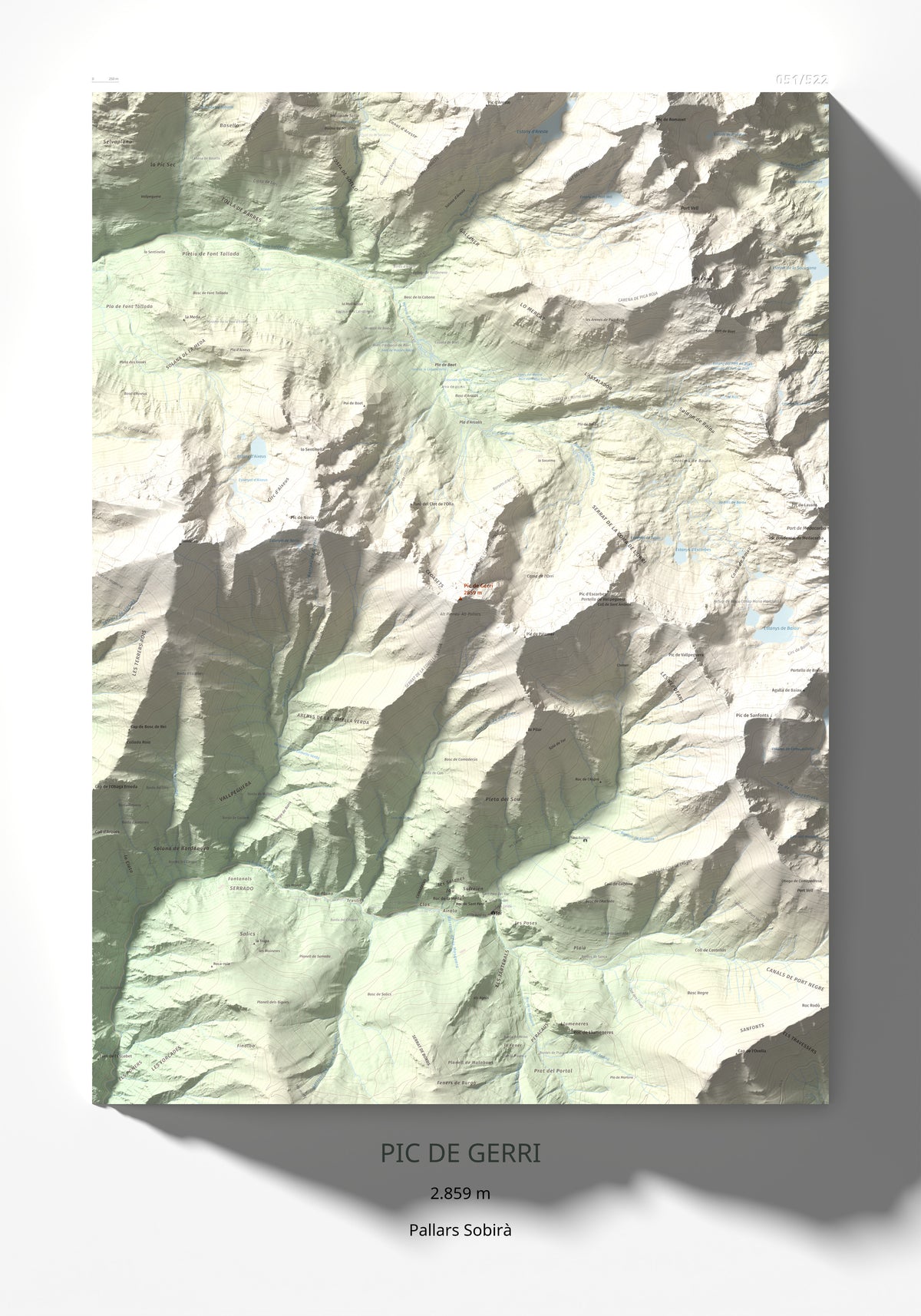 Mapa de relieve de Pic de Gerri, 2859 m, Pallars Sobirà, lámina 100 Cims de Trobart 70 × 100 cm.