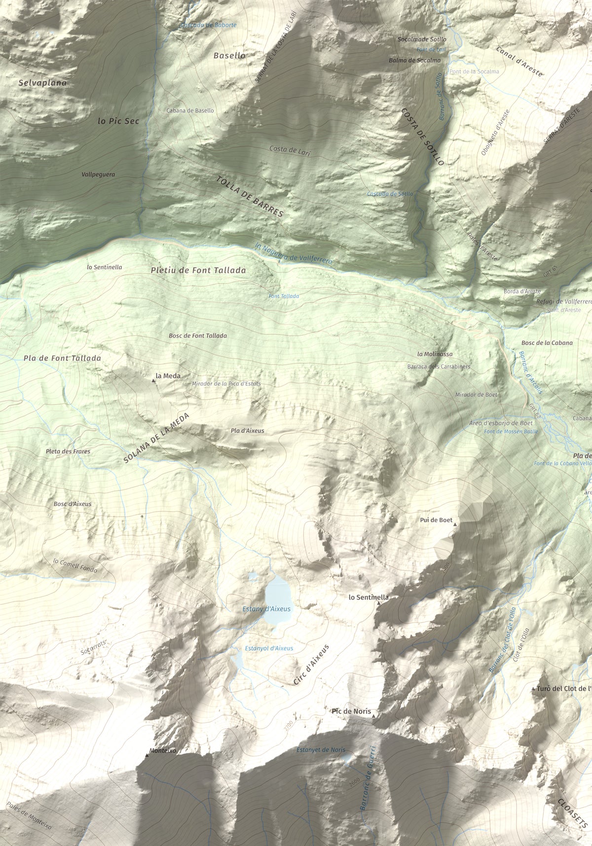 Mapa de relieve de Pic de Gerri, 2859 m, Pallars Sobirà, lámina 100 Cims de Trobart. Detalle de la zona superior izquierda. 70 × 100 cm.