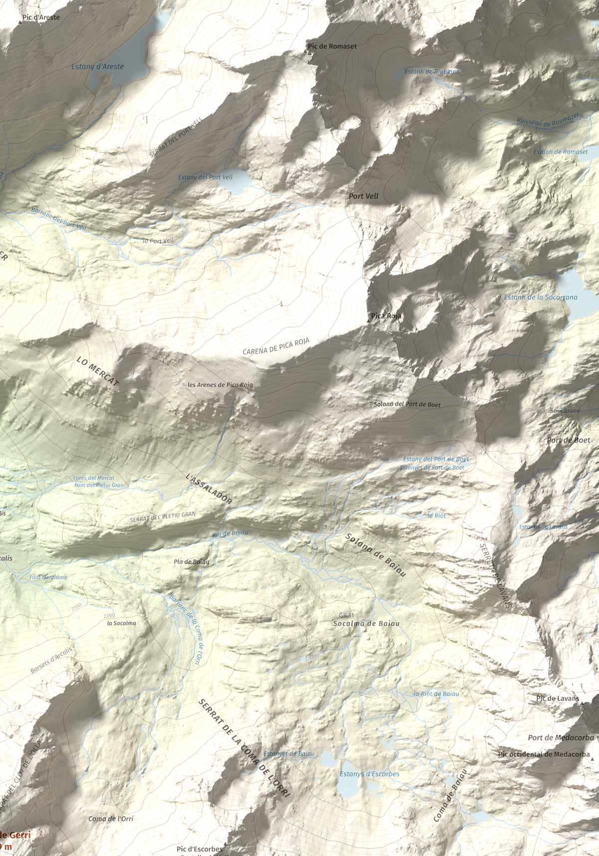 Mapa de relieve de Pic de Gerri, 2859 m, Pallars Sobirà, lámina 100 Cims de Trobart. Detalle de la zona superior derecha. 70 × 100 cm.