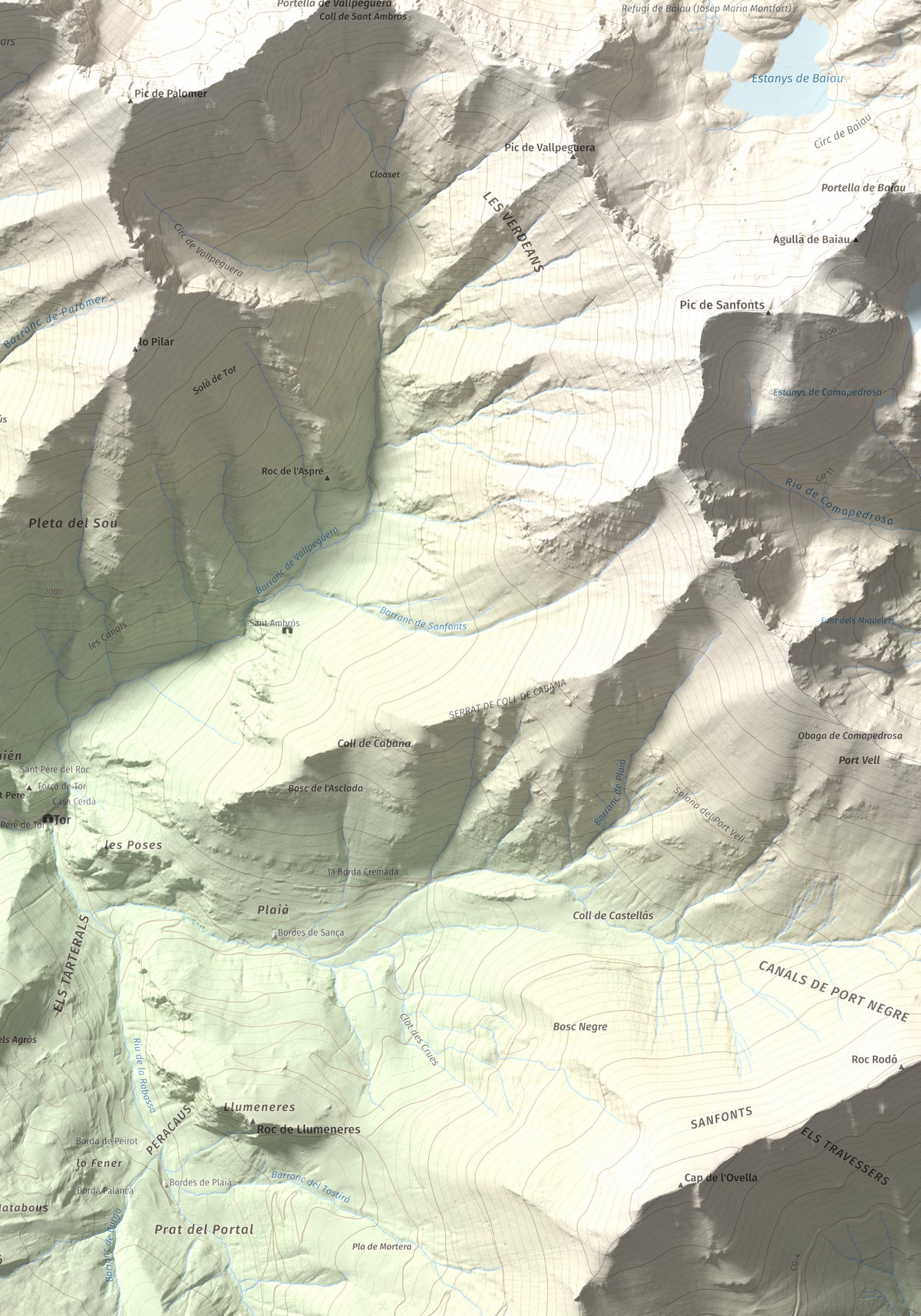 Mapa de relieve de Pic de Gerri, 2859 m, Pallars Sobirà, lámina 100 Cims de Trobart. Detalle de la zona inferior derecha. 70 × 100 cm.
