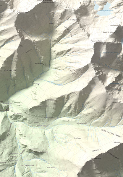 Mapa de relieve de Pic de Gerri, 2859 m, Pallars Sobirà, lámina 100 Cims de Trobart. Detalle de la zona inferior derecha. 70 × 100 cm.