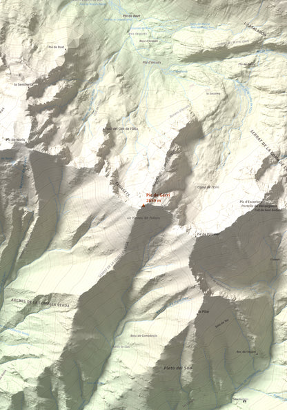 Mapa de relieve de Pic de Gerri, 2859 m, Pallars Sobirà, lámina 100 Cims de Trobart. Detalle de la zona central. 70 × 100 cm.