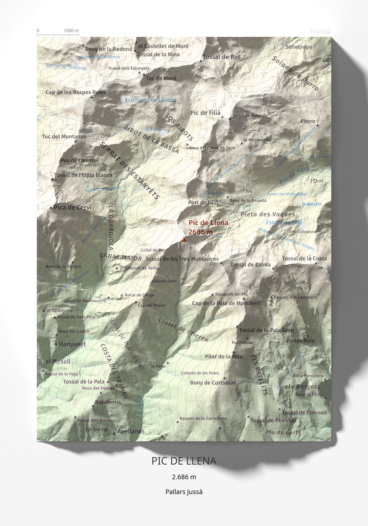 Mapa de relieve de Pic de Llena, 2686 m, Pallars Jussà, lámina 100 Cims de Trobart 21 × 30 cm.