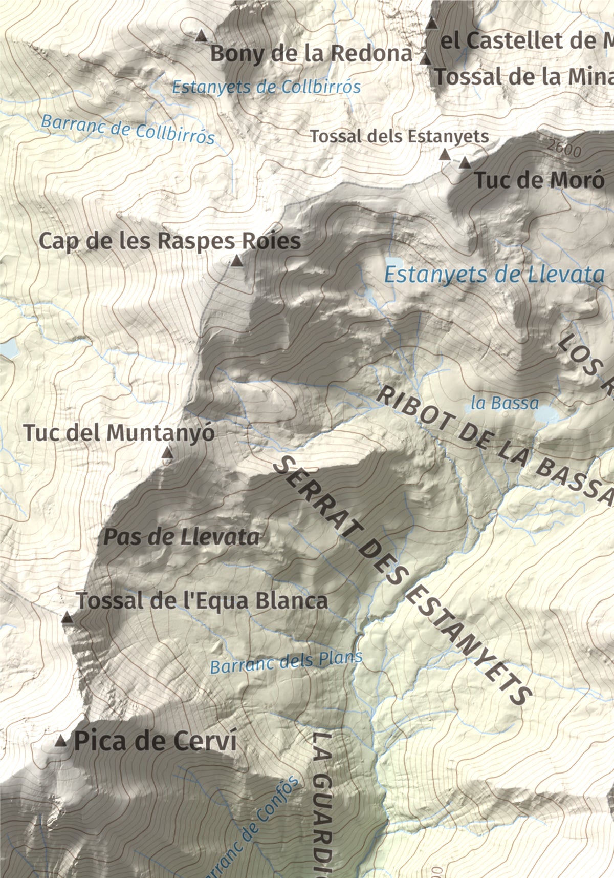 Mapa de relieve de Pic de Llena, 2686 m, Pallars Jussà, lámina 100 Cims de Trobart. Detalle de la zona superior izquierda. 21 × 30 cm.