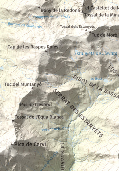 Mapa de relieve de Pic de Llena, 2686 m, Pallars Jussà, lámina 100 Cims de Trobart. Detalle de la zona superior izquierda. 21 × 30 cm.
