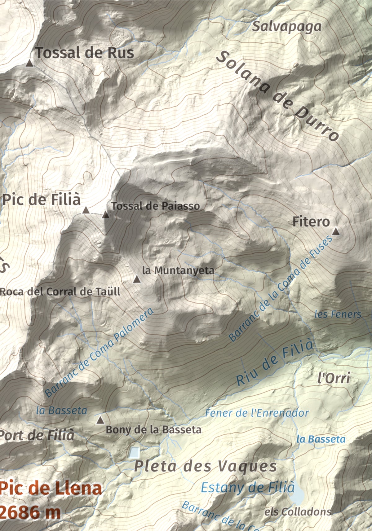 Mapa de relieve de Pic de Llena, 2686 m, Pallars Jussà, lámina 100 Cims de Trobart. Detalle de la zona superior derecha. 21 × 30 cm.