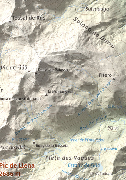 Mapa de relieve de Pic de Llena, 2686 m, Pallars Jussà, lámina 100 Cims de Trobart. Detalle de la zona superior derecha. 21 × 30 cm.