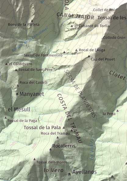 Mapa de relieve de Pic de Llena, 2686 m, Pallars Jussà, lámina 100 Cims de Trobart. Detalle de la zona inferior izquierda. 21 × 30 cm.