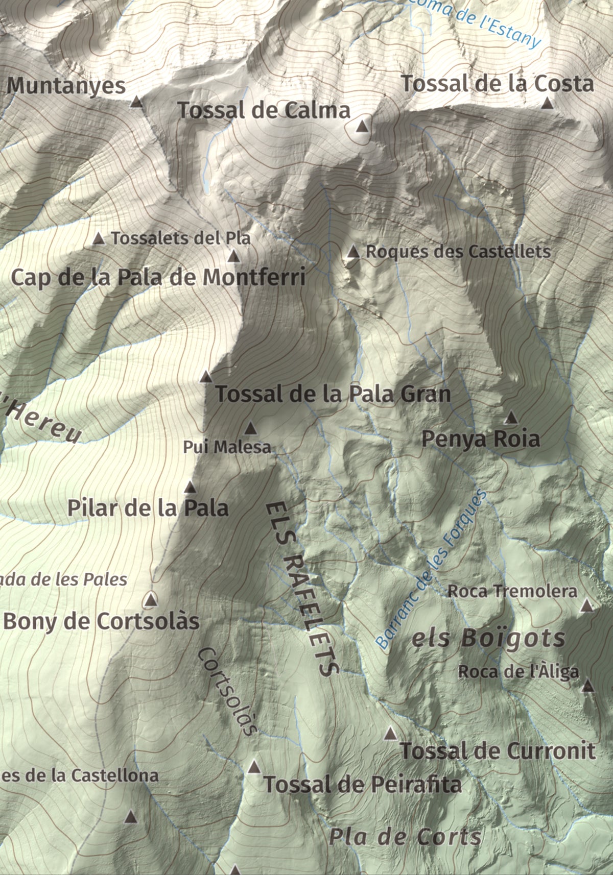 Mapa de relieve de Pic de Llena, 2686 m, Pallars Jussà, lámina 100 Cims de Trobart. Detalle de la zona inferior derecha. 21 × 30 cm.