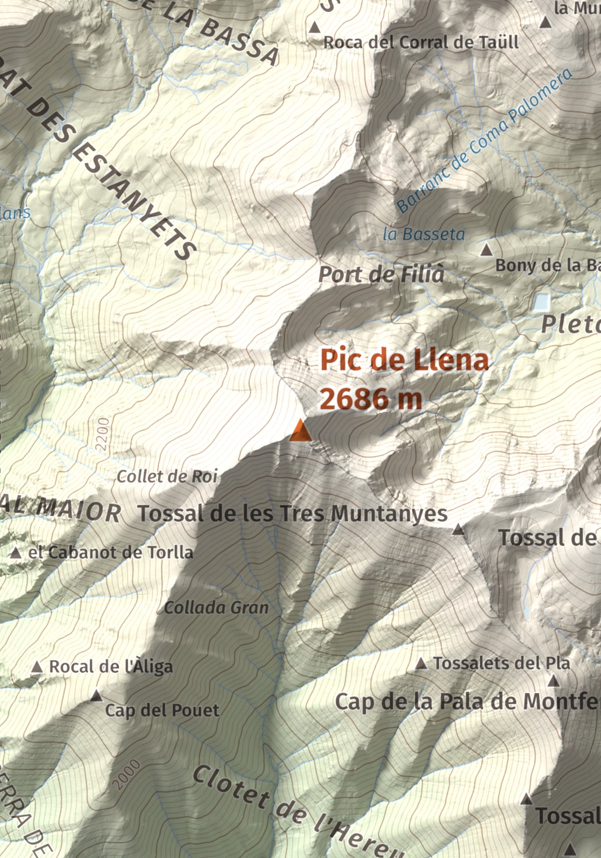 Mapa de relieve de Pic de Llena, 2686 m, Pallars Jussà, lámina 100 Cims de Trobart. Detalle de la zona central. 21 × 30 cm.