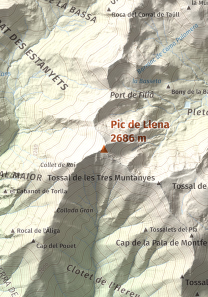 Mapa de relieve de Pic de Llena, 2686 m, Pallars Jussà, lámina 100 Cims de Trobart. Detalle de la zona central. 21 × 30 cm.