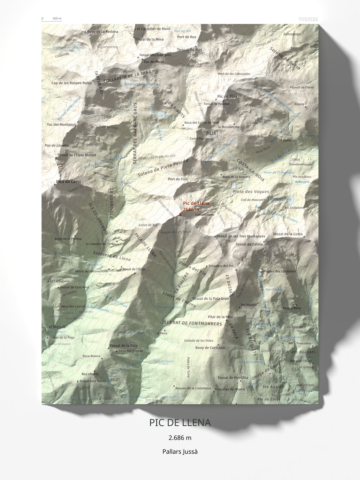 Mapa de relieve de Pic de Llena, 2686 m, Pallars Jussà, lámina 100 Cims de Trobart 30 × 40 cm.