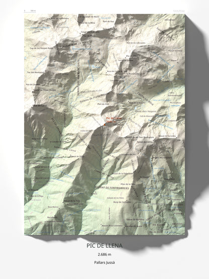 Mapa de relieve de Pic de Llena, 2686 m, Pallars Jussà, lámina 100 Cims de Trobart 30 × 40 cm.