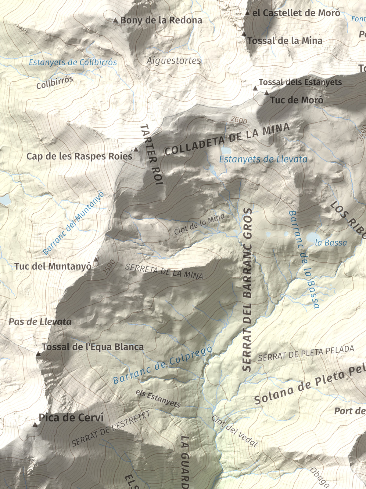 Mapa de relieve de Pic de Llena, 2686 m, Pallars Jussà, lámina 100 Cims de Trobart. Detalle de la zona superior izquierda. 30 × 40 cm.