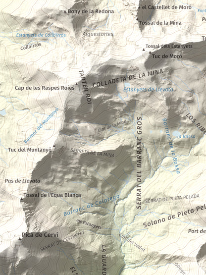 Mapa de relieve de Pic de Llena, 2686 m, Pallars Jussà, lámina 100 Cims de Trobart. Detalle de la zona superior izquierda. 30 × 40 cm.