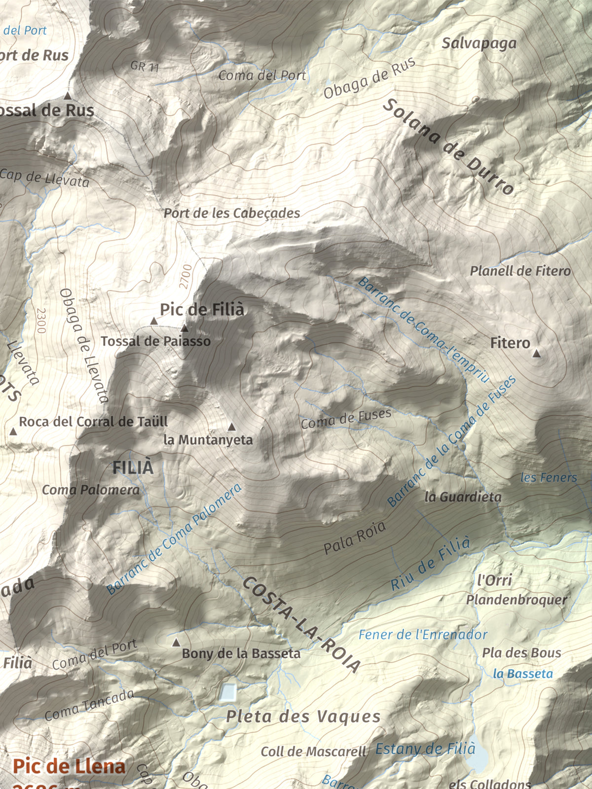 Mapa de relieve de Pic de Llena, 2686 m, Pallars Jussà, lámina 100 Cims de Trobart. Detalle de la zona superior derecha. 30 × 40 cm.