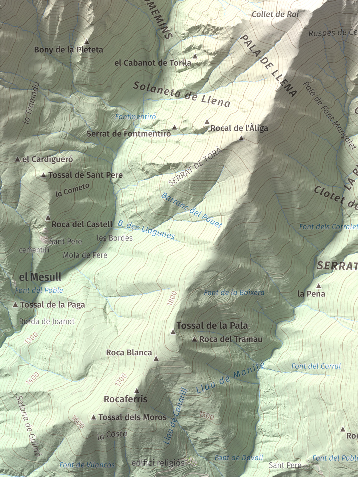 Mapa de relieve de Pic de Llena, 2686 m, Pallars Jussà, lámina 100 Cims de Trobart. Detalle de la zona inferior izquierda. 30 × 40 cm.