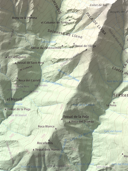 Mapa de relieve de Pic de Llena, 2686 m, Pallars Jussà, lámina 100 Cims de Trobart. Detalle de la zona inferior izquierda. 30 × 40 cm.