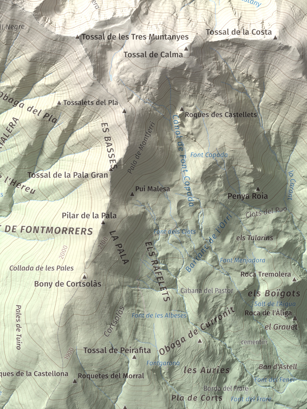 Mapa de relieve de Pic de Llena, 2686 m, Pallars Jussà, lámina 100 Cims de Trobart. Detalle de la zona inferior derecha. 30 × 40 cm.