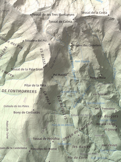 Mapa de relieve de Pic de Llena, 2686 m, Pallars Jussà, lámina 100 Cims de Trobart. Detalle de la zona inferior derecha. 30 × 40 cm.