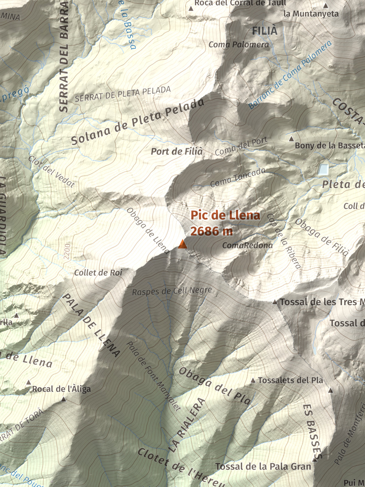 Mapa de relieve de Pic de Llena, 2686 m, Pallars Jussà, lámina 100 Cims de Trobart. Detalle de la zona central. 30 × 40 cm.
