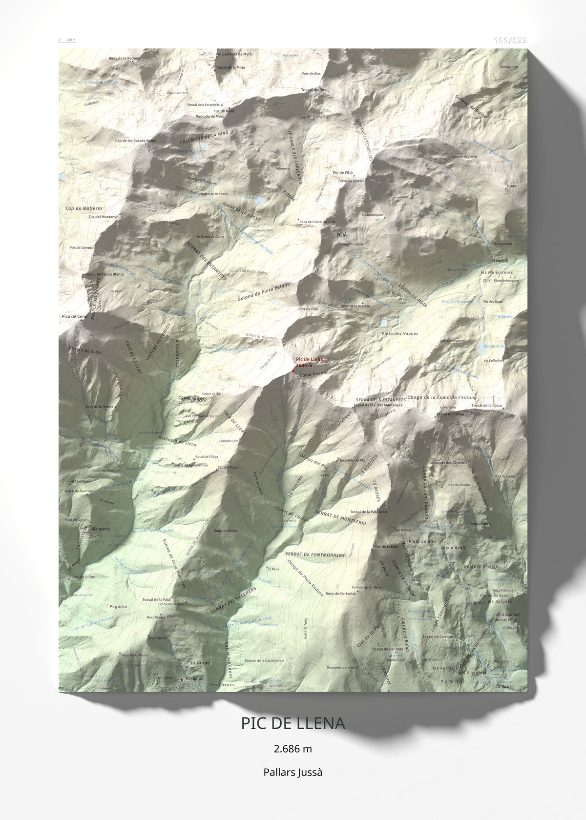 Mapa de relieve de Pic de Llena, 2686 m, Pallars Jussà, lámina 100 Cims de Trobart 50 × 70 cm.