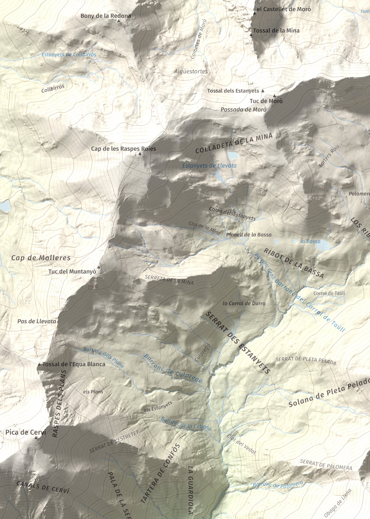 Mapa de relieve de Pic de Llena, 2686 m, Pallars Jussà, lámina 100 Cims de Trobart. Detalle de la zona superior izquierda. 50 × 70 cm.